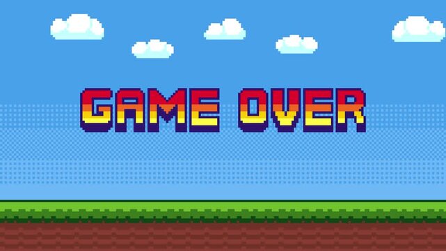 8-bit pixel art game over text on the 2d platformer game style background. blue sky, clouds and green grass with bushes. looped animation 4k 30fps