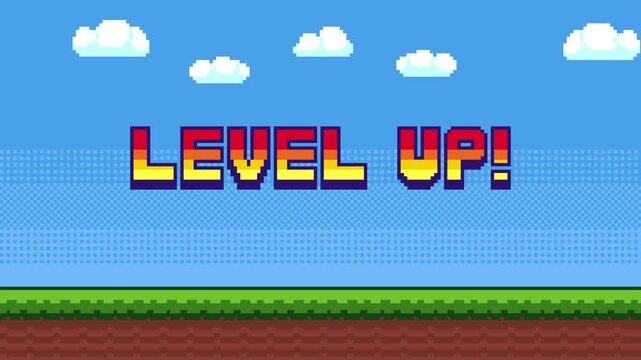 8-bit pixel art level up text on the 2d platformer game style background. blue sky, clouds and green grass with bushes. looped animation 4k 30fps
