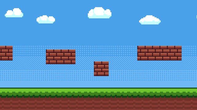 8-bit pixel art 2d platformer game style background. blue sky, clouds, bricks, and green grass with bushes. looped animation 4k 30fps