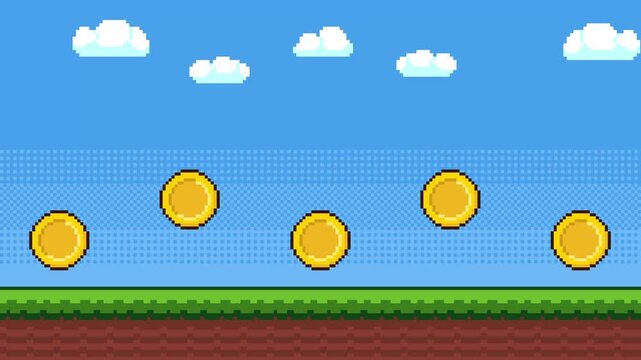 8-bit pixel art floating coin 2d platformer game style background. blue sky, clouds and green grass with bushes. looped animation 4k 30fps