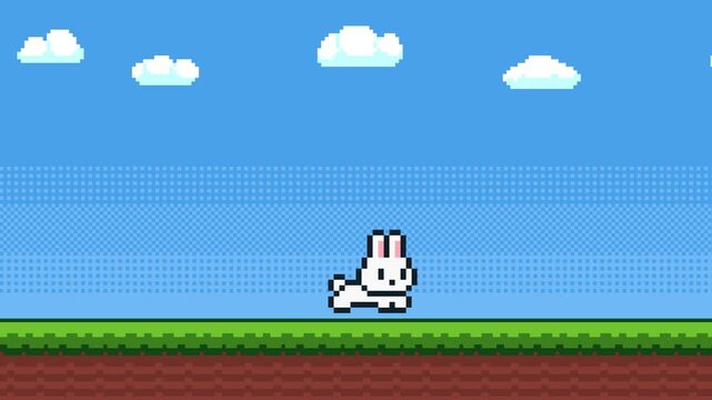 8-bit pixel art jummping rabbit on the 2d platformer game style background. blue sky, clouds and green grass with bushes. looped animation 4k 30fps