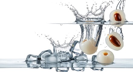 Lychee Fruit Splash - Refreshing Water and Ice Cubes, Summer Drink Concept.