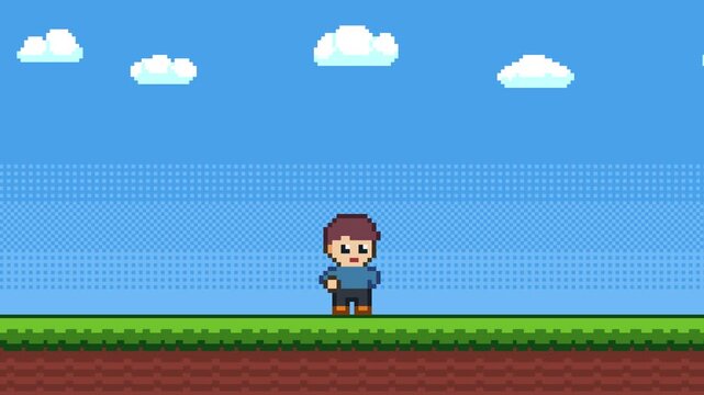 8-bit pixel art walking man 2d platformer game style background. blue sky, clouds and green grass with bushes. looped animation 4k 30fps