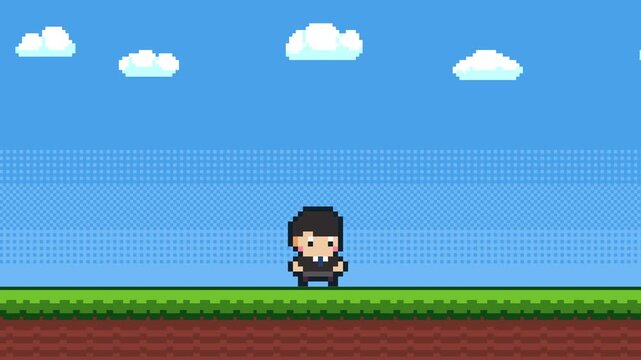 8-bit pixel art walking businessman 2d platformer game style background. blue sky, clouds and green grass with bushes. looped animation 4k 30fps