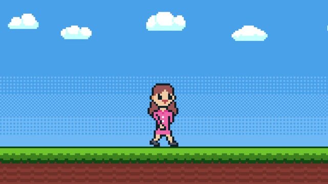 8-bit pixel art walking woman 2d platformer game style background. blue sky, clouds and green grass with bushes. looped animation 4k 30fps