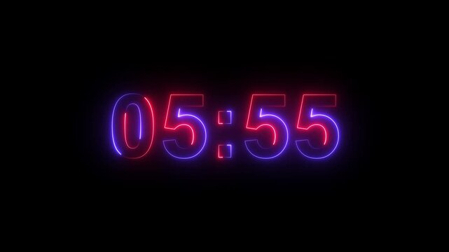 Glowing neon 6 minute Countdown. neon 6 to 5 minute Countdown timer on black background. neon Countdown timer from 6 minute to 5 minute suitable for presentations, educational. animation. 4k video