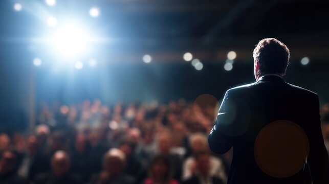 Professional presenter on stage at a corporate conference, audience presence in blurred background. pitch deck slides.