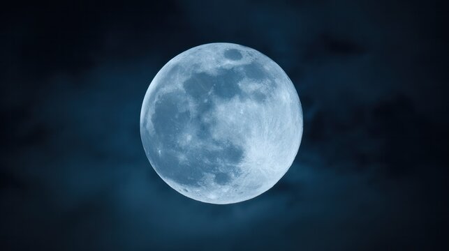 Luminous supermoon suspended in a tranquil blue night sky with faint clouds, revealing dramatic craters and lunar textures. travel magazines, space exploration stories, designed for magazine covers.