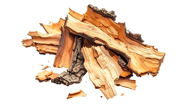 Flaky pieces of split firewood bark on transparent background showing wood grain texture ready for graphic design or compositing use