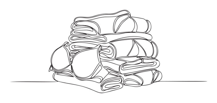 Elegant continuous line artwork showcasing a wellorganized stack of folded clothing and a bra, representing domestic cleanliness, perfect for home care content and apparel advertising.