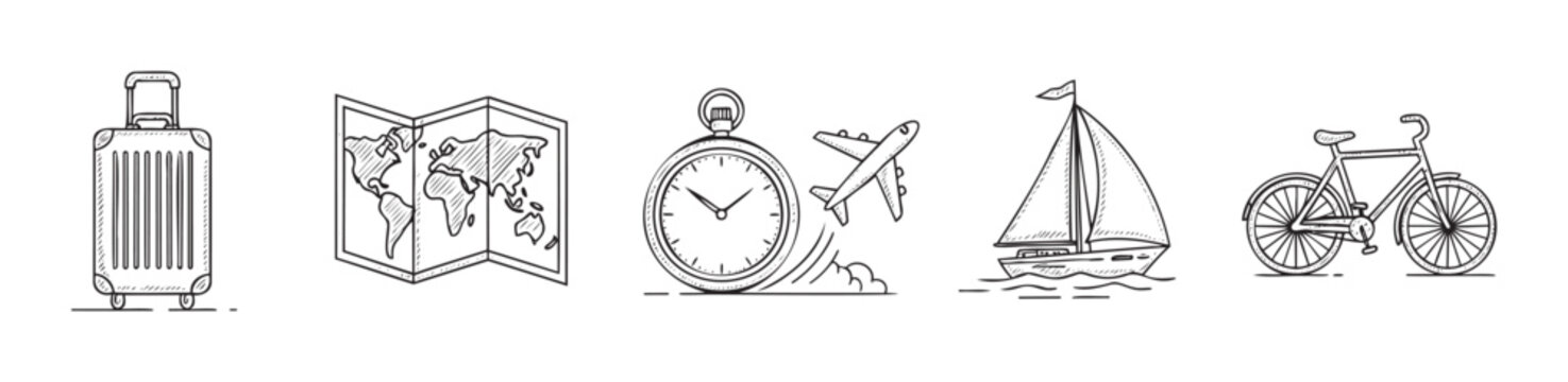 Sketch style travel icons depicting vacation essentials like luggage, world map, timing clock with airplane, sailing boat, and bicycle, perfect for tourism applications.