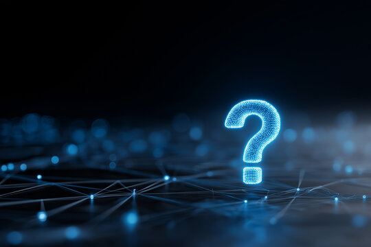 Abstract technology background with digital wireless network concept and blue question mark on the screen, with connection lines in dark color