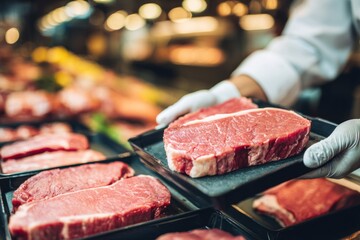 A middle-aged person with fair skin wearing white gloves presents a fresh raw beef steak on a black tray in a butcher shop. The meat is marbled.