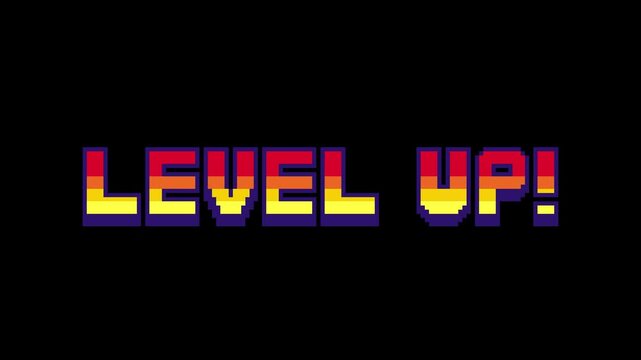 8-bit pixel art game style level up text. looped animation 4k 30fps