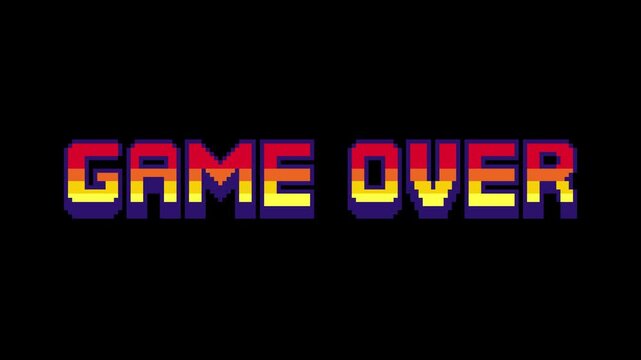 8-bit pixel art game style game over text. looped animation 4k 30fps