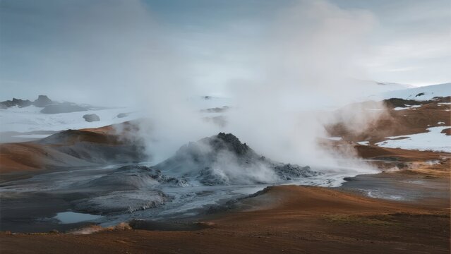 Steam rising from a geothermal area in a snowy, volcanic landscape
