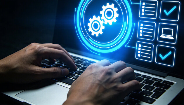 Person typing on laptop with glowing interface displaying automation gears and checklist icons signifying project completion