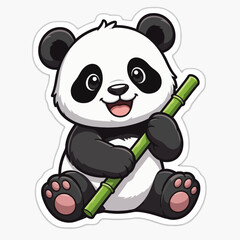 Obraz premium A cartoon panda bear happily holding bamboo sticks while sitting down