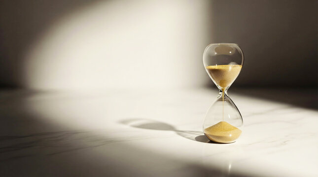 Glass Hourglass with Golden Sand on Marble Surface in Dramatic Natural Light