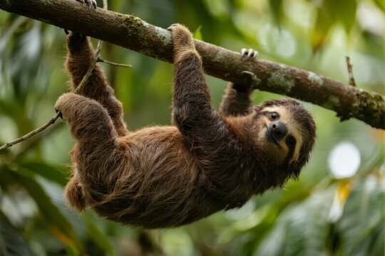 A two-toed sloth hanging upside down from a tree branch in a lush forest environment