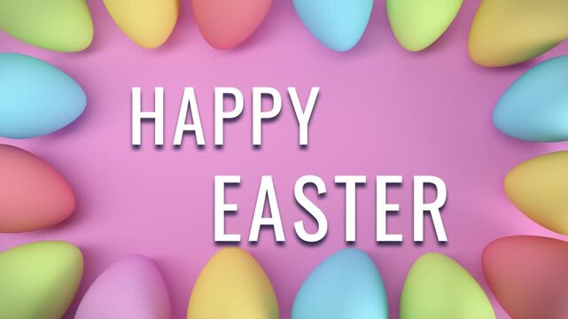 Video animation of sixteen pastel color Easter eggs on pink background and the message Happy Easter in white - vacation concept - seamless loop.