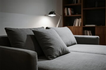 Modern gray sofa with cushions in a dimly lit living room featuring a bookshelf and desk lamp