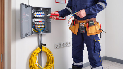 The repairman operates on the electrical mainboard. He checks the wires using insulated tools. The...