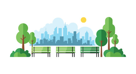 A flat colorful cityscape scene with park benches and trees presenting a striking silhouette high quality professional detailed modern elegant stylish © mrvect02