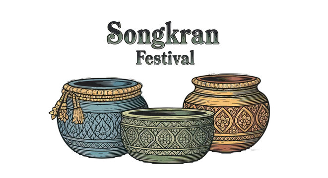 Traditional Thai Water Jars for Songkran Festival.