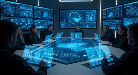 Obraz premium Modern Tactical Briefing Room with Holographic Data. Strategic Planning Session in a Futuristic Command Center