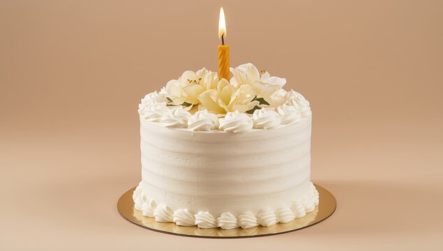 Elegant birthday cake featuring white chocolate and fondant, adorned with an edible flower and golden candle on a beige backdrop. Stunning white anniversary cake for her