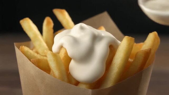 Mayonnaise wird auf die Pommes dazu gegeben. Symbol f&uuml;r leckeres aber ungesundes Essen