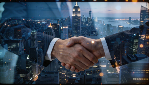Handshake between businessmen over illuminated city skyline at night, business deal concept