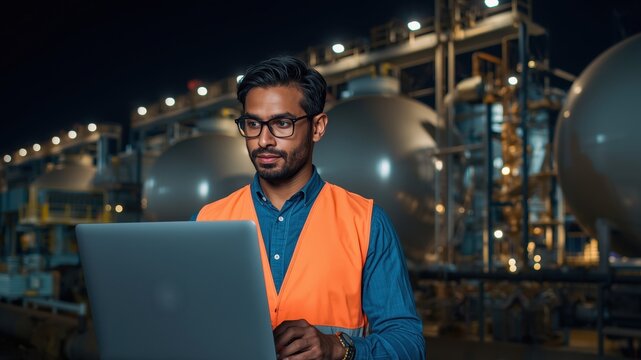 Engineer at a manufacturing facility. Technician with a laptop. Man oversees production area. Individual examines factory at night. Technologist with high-pressure spherical tanks. Oil, gas, and fuels