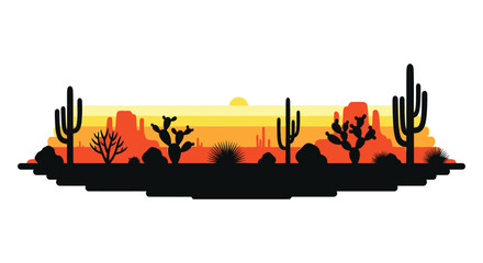 A vibrant desert landscape with cacti rocks and a setting sun rendered as a striking black silhouette high quality professional detailed © mrvect02