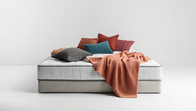 Fabric, cushions, and coverings on a mattress set against a white backdrop