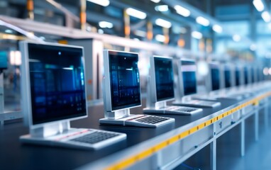 Fototapeta premium Displays Row of Computers on Conveyor System in Factory