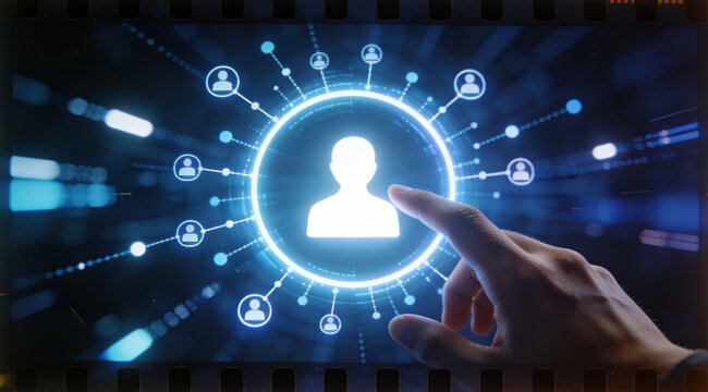 Hand touching glowing digital interface showing human connection network and user profile symbol