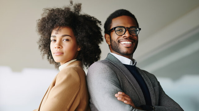 Confident and Diverse Professional Duo Standing Back-to-Back, Symbolizing Teamwork, Partnership, and Shared Success in a Modern Business Environment