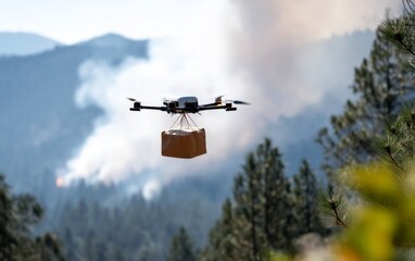 Fototapeta premium Drone Delivering Survival Kit Near Forest Fire Zone