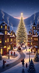 Fototapeta premium Snowy village scene with Christmas tree and lit buildings