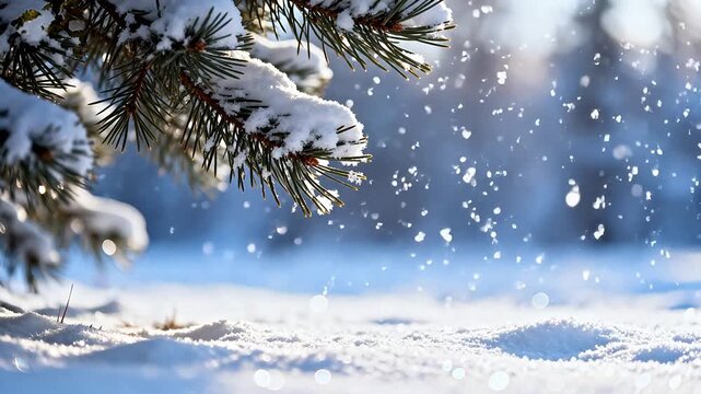 Snowcovered pine branch in winter