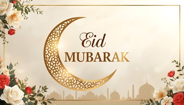 Elegant eid mubarak greeting card with golden crescent moon, floral borders, and mosque silhouette