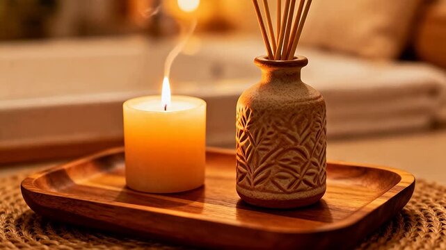 lit candle and aroma diffuser on wooden tray