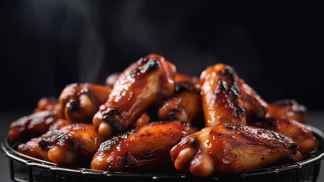 Sizzling BBQ Chicken Wings with Glossy Barbecue Sauce on Metal Grill, Slow Motion Footage of Savory Delicacy, symbolizing delicious food