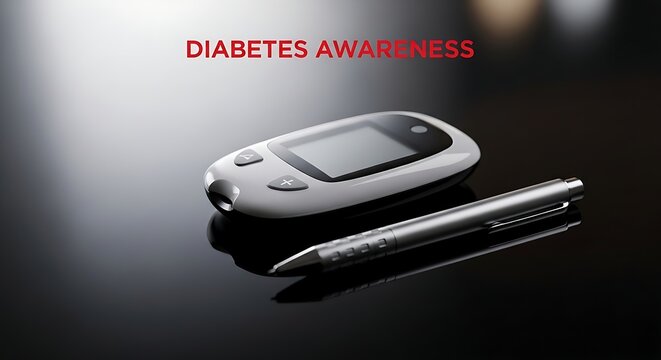 Diabetes awareness glucometer and lancet on sleek surface viewed from above
