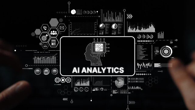 Hands Typing on Keyboard with AI Analytics Visuals and Data Graphic Elements in Modern Digital Environment. Asymptotic smart data analytic.