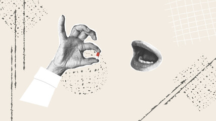 Taking pills. Treatment, prevention. Trendy halftone collage with grainy photocopy for flyers, banners, and social media. Vector illustration.