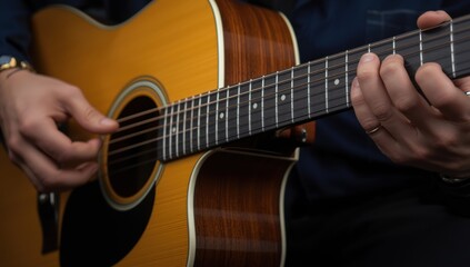 Obraz premium Guitar tool. Player or guitarist. Sound, music. Hand on strings. Close-up acoustic show. Performer strums chord. Wooden jazz, rock event. Fretboard