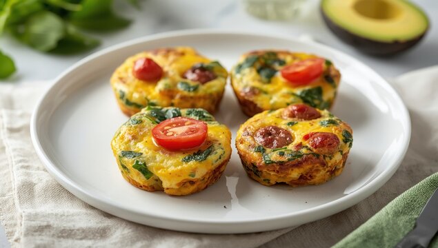 Healthy egg muffins with tomatoes, spinach, and sausage. Focused shot